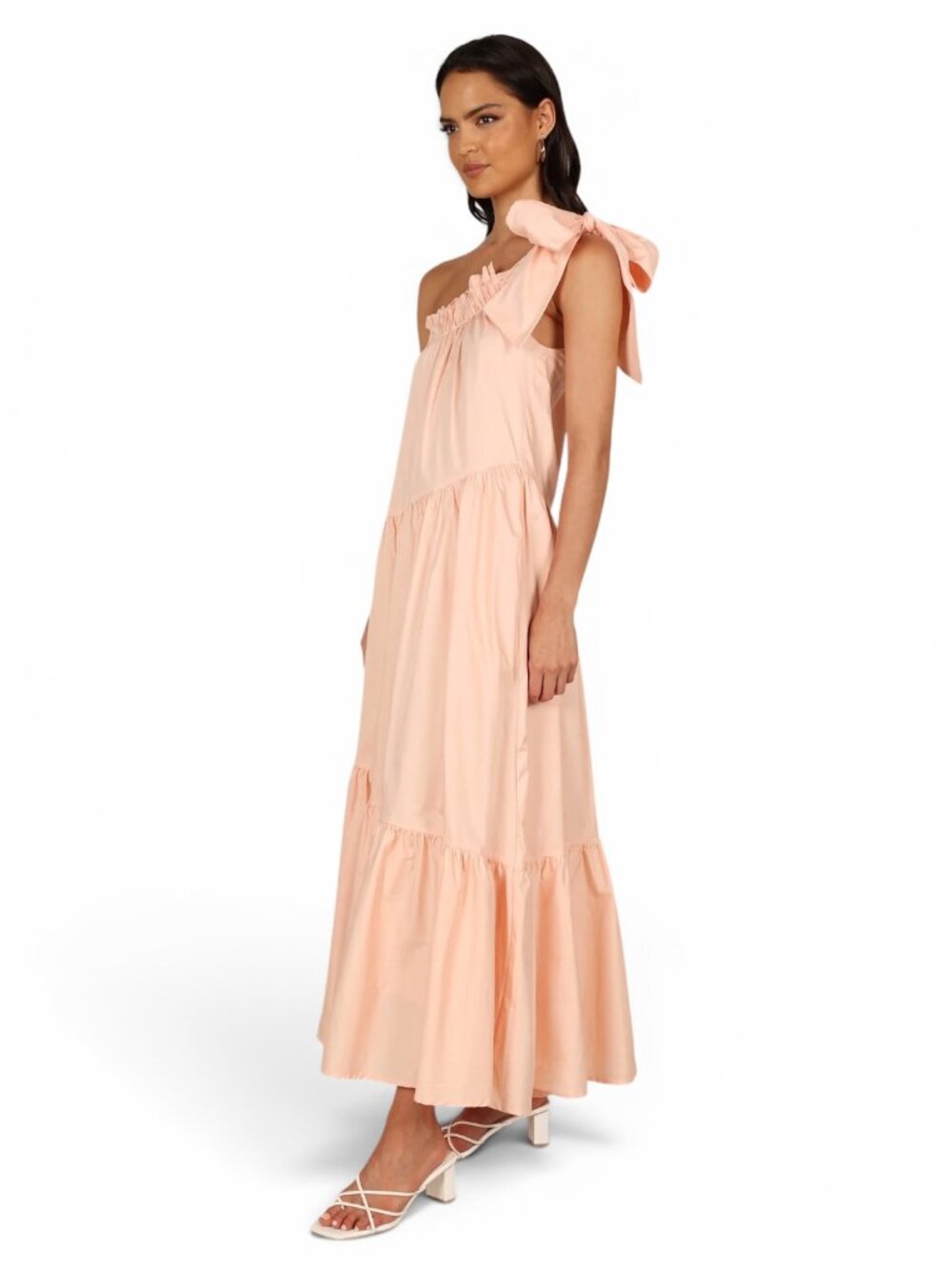 Mable Gathered One-Shoulder Tiered Maxi Dress – Soft Antique Peach – Size M